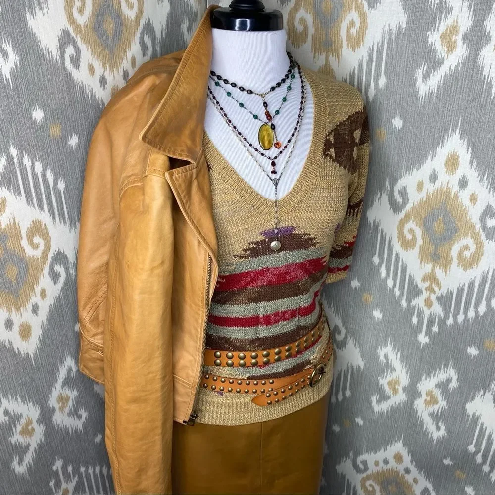 Ralph Lauren Tan Multi Southwest Aztec Hand-Knit Linen Silk V-Neck S/S Sweater - Picture 13 of 16